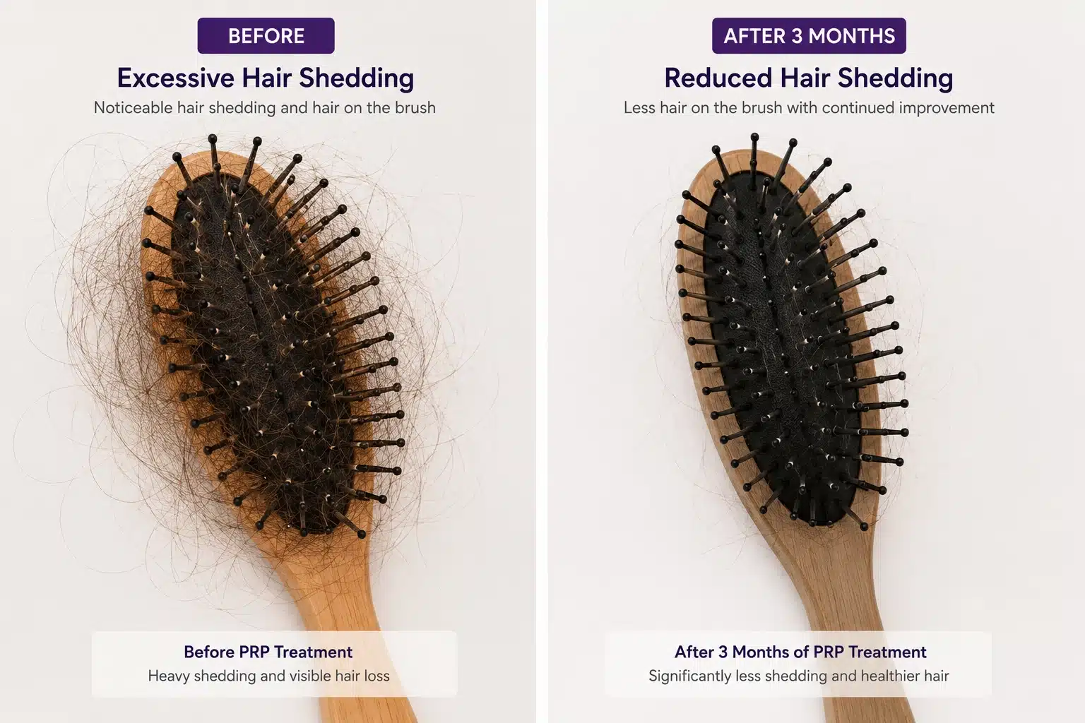 Hairbrush showing excessive hair shedding before PRP treatment and reduced shedding afterward