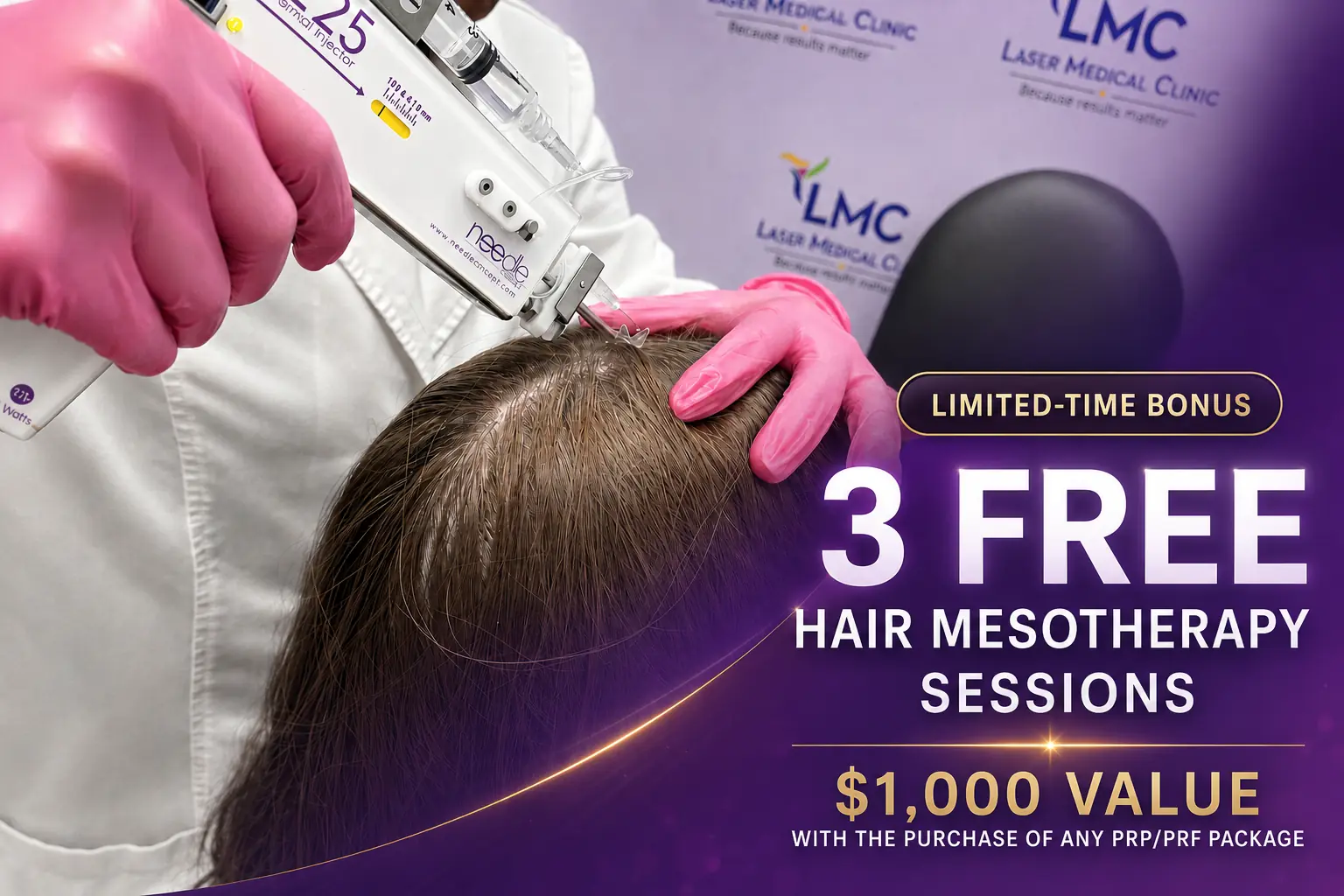 Three free Hair Mesotherapy sessions with an eligible PRP or PRF hair restoration package at Laser Medical Clinic Toronto