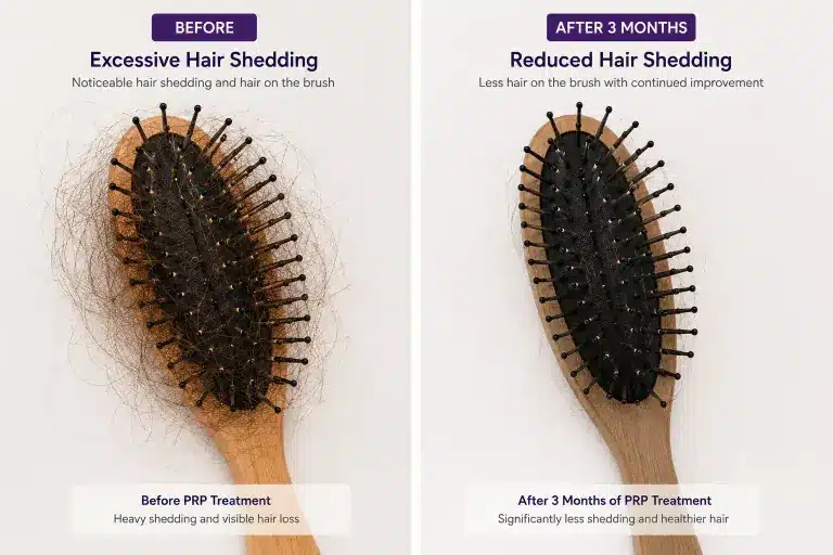 Hairbrush showing excessive hair shedding before PRP treatment and reduced shedding afterward