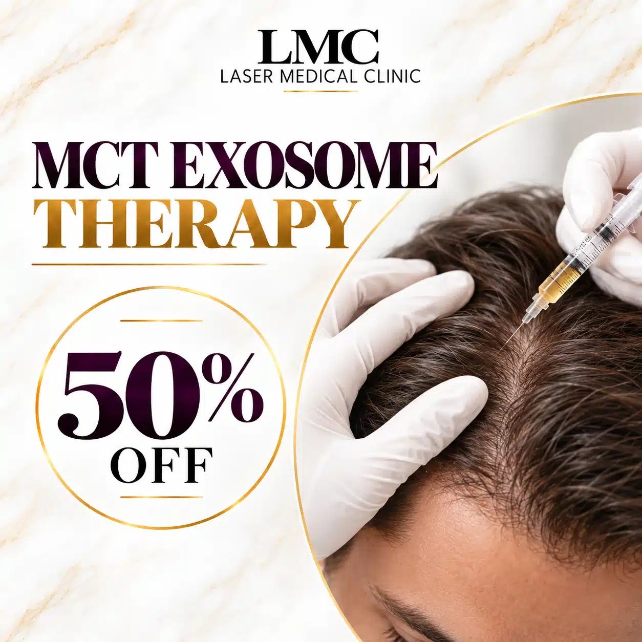 LMC MCT Exosome Therapy promotion with 50% off and a scalp treatment image.