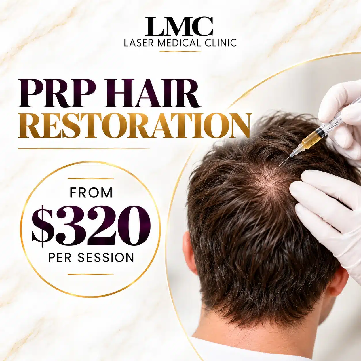 LMC PRP hair restoration offer, from $320 per session, with a scalp treatment image.